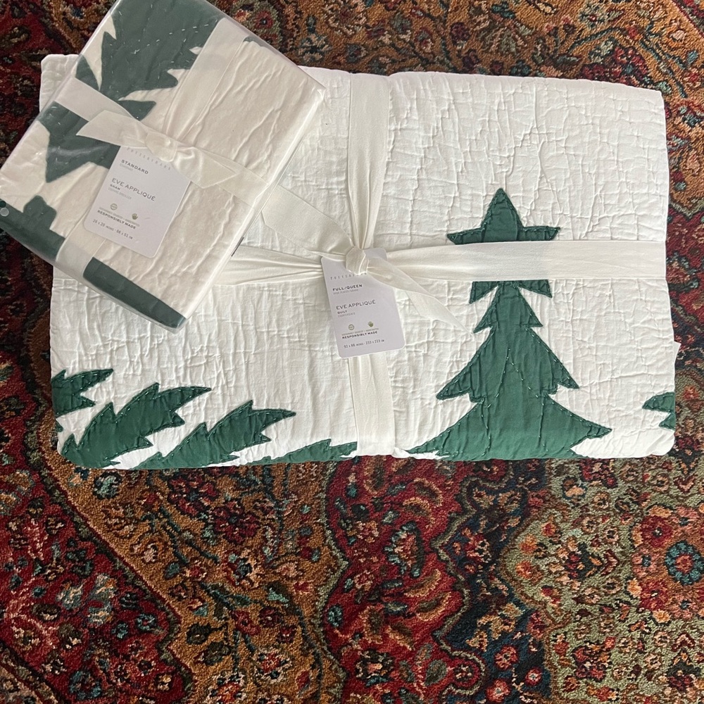 Pottery Barn Holiday Green and White Tree Quilt and Sham
